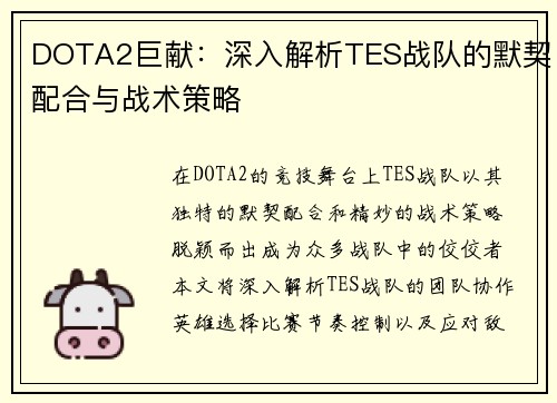 DOTA2巨献：深入解析TES战队的默契配合与战术策略