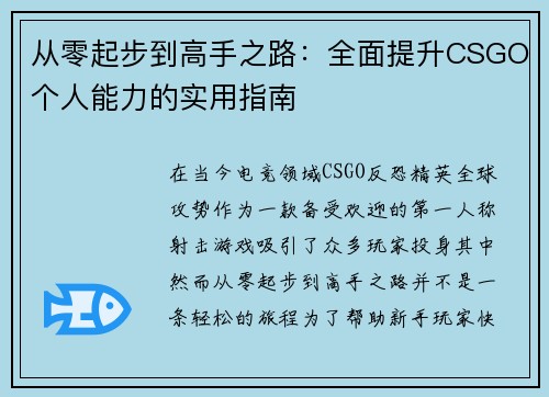 从零起步到高手之路：全面提升CSGO个人能力的实用指南